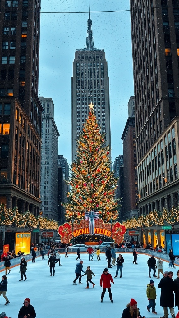 Christmas in New York City: A Festive Experience New York City during Christmas with Rockefeller Center tree, ice skaters, and festive lights.